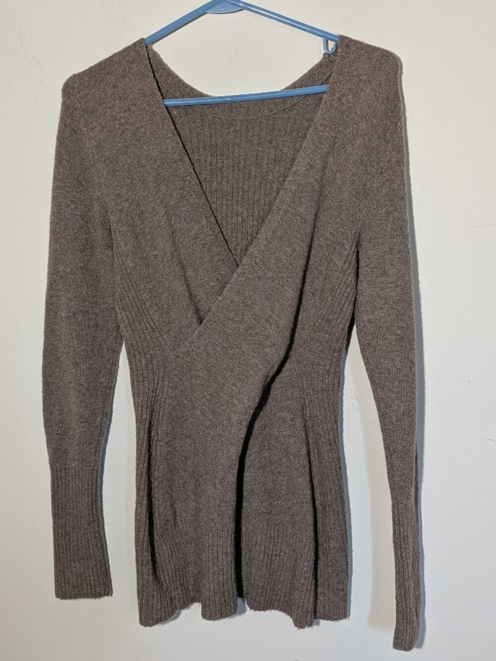 Antonio Melani Cross Front V-Neck Long Sleeve Knit Wool Blend Sweater L Brown